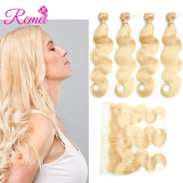 Rcmei #613 Blonde Color Malaysian Human Hair Bundles Extention 4 Bundles With 13*4 Lace Frontal 100% Human Hair No Shedding 10-30inch