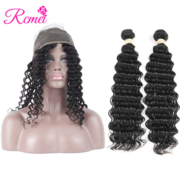 Rcmei Peruvian Human Hair Deep Wave Hair 2 Bundles with 360 Lace Frontal Closure Pre-plucked Deep Curl No Shedding Bundles 8-28Inch 3pcs/lot