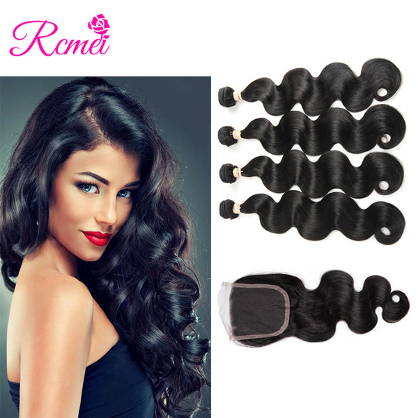 Indian Body Wave Human Hair Weave 4 Bundles With 4*4 Lace Closure Remy With Bundles Natural Black Hair Extension 8-28inch Rcmei