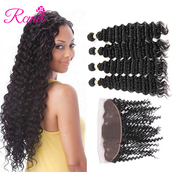 Rcmei Indian Deep Wave 4 Bundles 8-28 inch Can Mix Length With Frontal 100% Remy Human Hair Extensions Bundles With 13*4 Lace Frontal