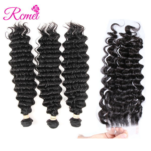 Rcmei Remy Mongolian Human Hair Product Deep Wave 3 Bundles With Closure Nautral Black Hair Extnsions Bundles With 4*4 Lace Closure 4pcs/lot