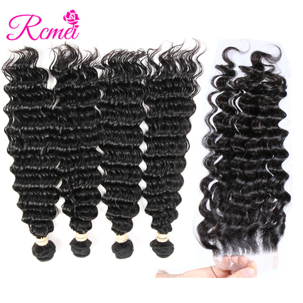 Rcmei Mongolian Deep Wave 4 Bundles With Closure Human Hair Bundles With 4*4 Lace Closure Remy Mongolian Hair Weave Bundles