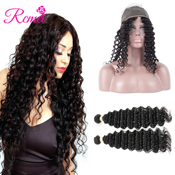 Rcmei Human Hair Bundles With Lace Frontal Indian Deep Wave Hair Weave 8-28inch 2 Bundles With 360 Frontal 22*4*2 Remy Hair 3pcs/lot