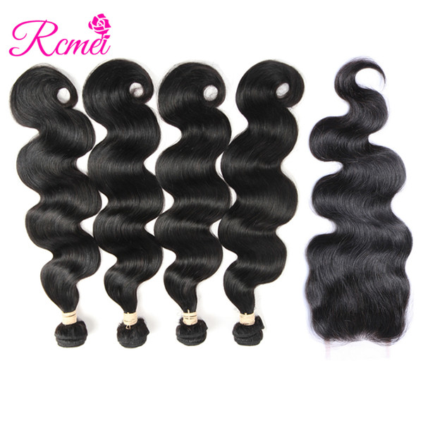 Rcmei Mongolian Body Wave Bundles With Closure Remy Hair Lace Closure 4*4 With Bundles Deal Human Hair 4 Bundles With Closure 5PCS/lot