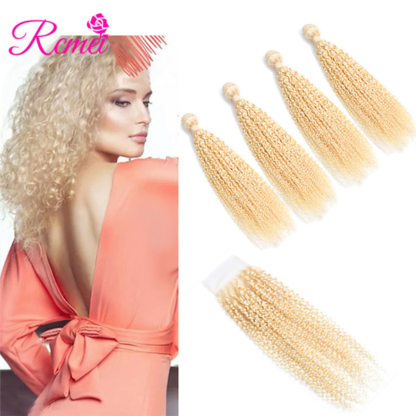 Rcmei Pre-Colored Mongolian Kinky Curly Hair 4 Bundles With Closure 613# Blonde Color Hair Human Hair With 4x4 Closure No Shedding Free Ship