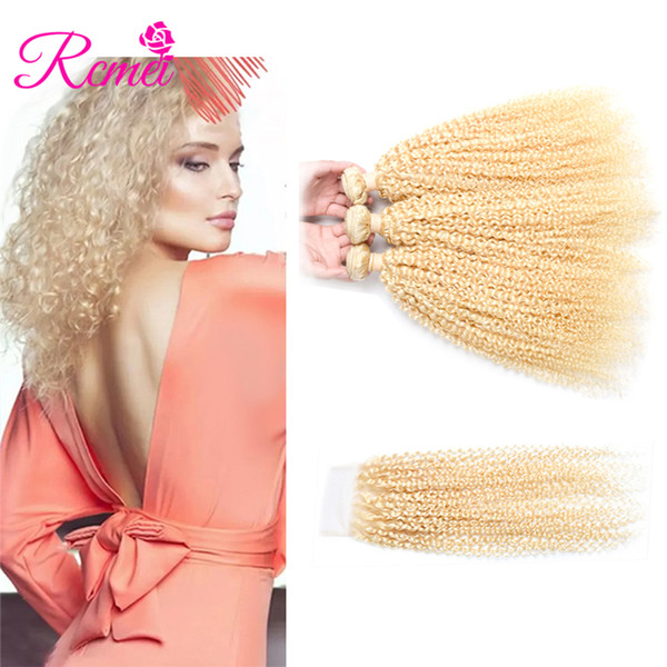 Rcmei Pre-colored #613 Blonde Hair Weave 100% Indian Human Hair Kinky Curly 3 Bundles With Lace Closure 4*4inch 4pcs/lot 