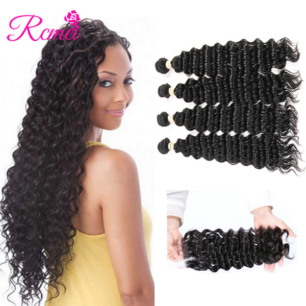 Rcmei Indian Deep Wave 4 PCS Human Hair Bundles Double Weft Remy Hair Weave 4 Bndles With 4*4 Closure Three/Midldle/Free Part