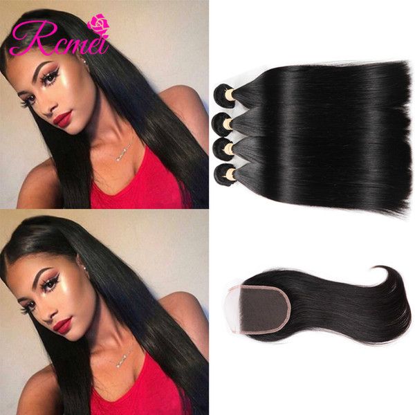 100% Unprocessed Human Hair Bundles With Closure 4 Bundles With Closure Indian Straight Remy Hair Weave Bundles With Closure 4*4 Rcmei hair