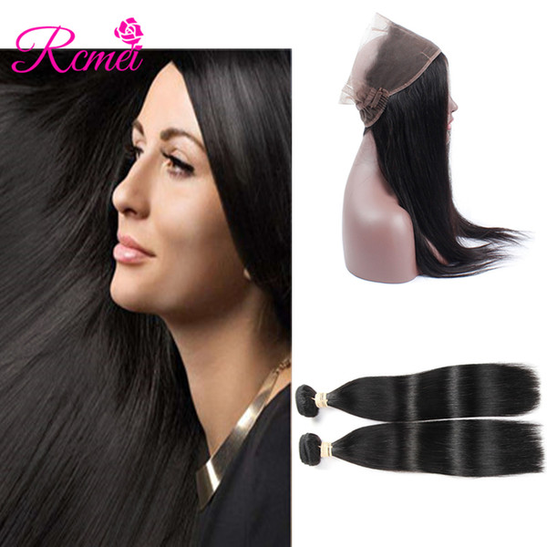 Rcmei Human Hair Weave Indian Straight Human hair Weaxe Extension 2 Bundles With 360 Lace Frontal Natural Black Color 