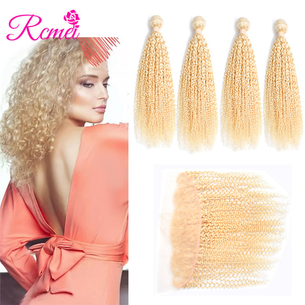 Rcmei Malaysian 613 Blonde Kinky Cruly Hair 4 Bundles 100% Human Hair Kinky Curly Hair Extensions With Pre-Plucked 13*4 lace Frontal