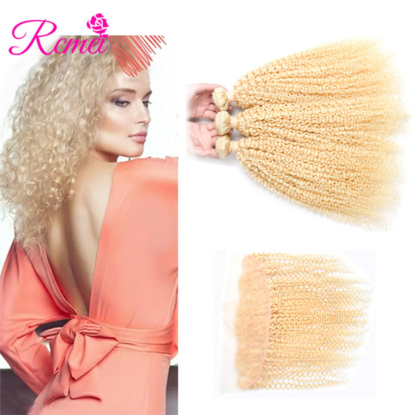 Rcmei 613 Blonde Kinky Curly Ear To Ear Lace Closure With 3 Bundles 10-30inch 100% Indian Human Hair Pre-colored No Shedding Free Shipping