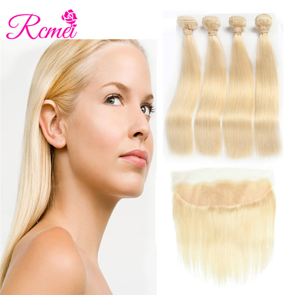 Rcmei 613 Blonde Straight Hair 4 Bundles With Lace Frontal 100% Indian Human Hair 10-30inch 4 Bundles With 13*4 Frontal Pre-plucked