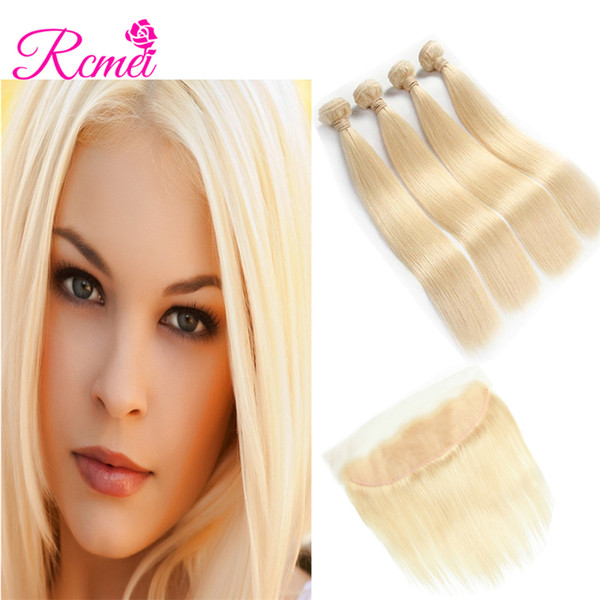 Rcmei Mongolian Straight 613 Blonde Hair Extensions 4 Bundles With Lace Frontal 10-30inch Hair weaving With 13*4 lace Frontal Pre-plucke