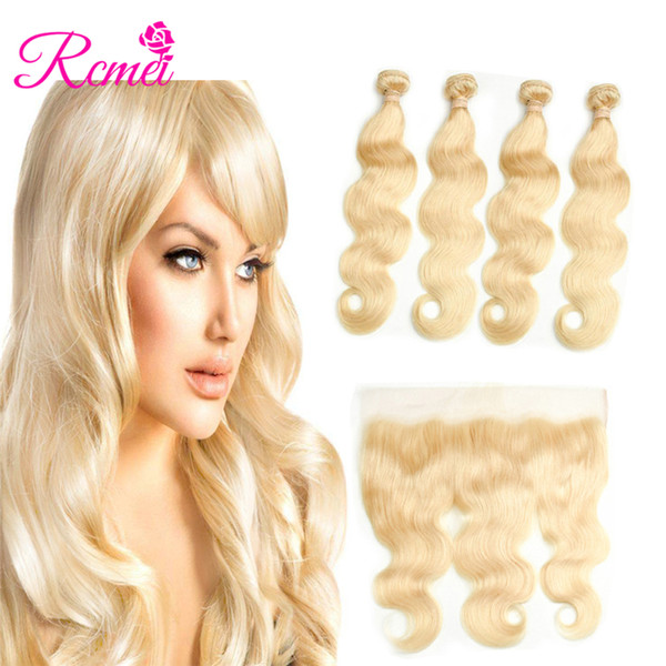 Rcmei Indian Body Wave Hair #613 Blonde Color Human Hair Extention 4 Bundles With 13*4 Lace Frontal Pre-plucked Remy Hair 10-30inch 5pcs/lot