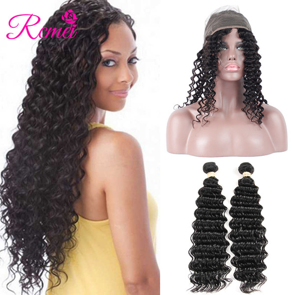 Rcmei Deep Wave Human Hair Bundles With 360 Lace Frontal Closure Malaysian Hair Weave 2 Bundles With Frontal Hair Extension 