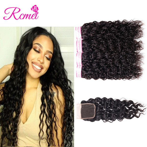 Rcmei Indian Water Wave Bundles With Closure 100% Unprocessed Human Hair 4 Bundles with 4*4 Closure Free Part Natural Black Remy Hair