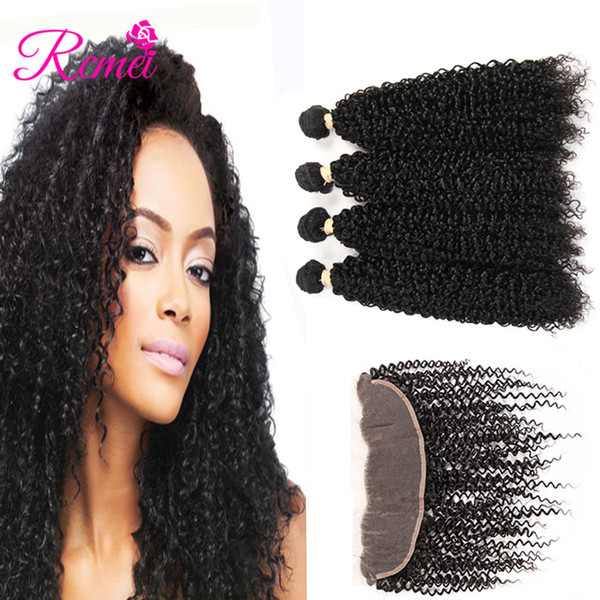 Rcmei Indian Kinky Curly Ear To Ear Lace Frontal With Bundles 100% Human Hair 4 Bundles With 13*4 Frontal Natural Color Remy Hair