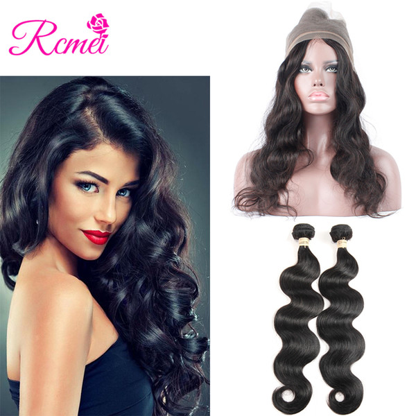 Rcmei 360 Lace Frontal With Bundle Malaysian Body Wave Remy Human Hair Weave 2 Bundles With Frontal Closure Natural Black Color