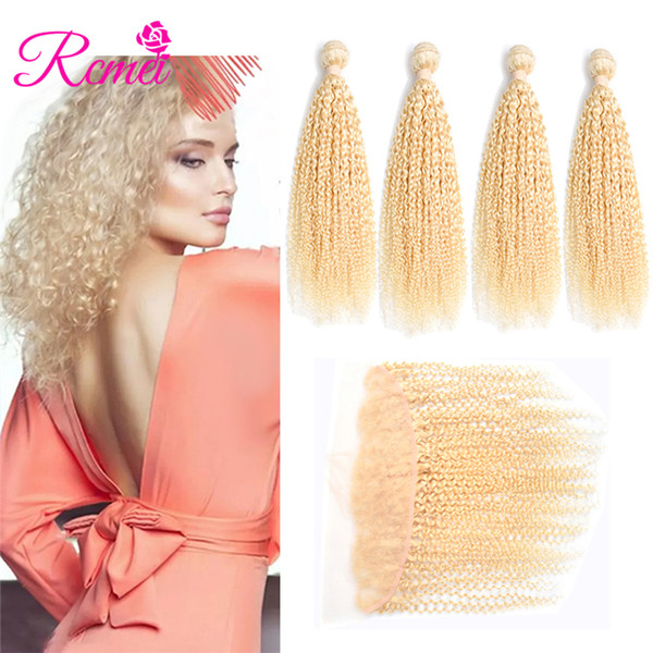 Rcmei 4 Bundles Of Indian 613 Blonde Kinky Cruly Pre-colored Hair With Lace Frontal Pre-plucked 13x4 Frontal Free Shipping 5pcs/lot