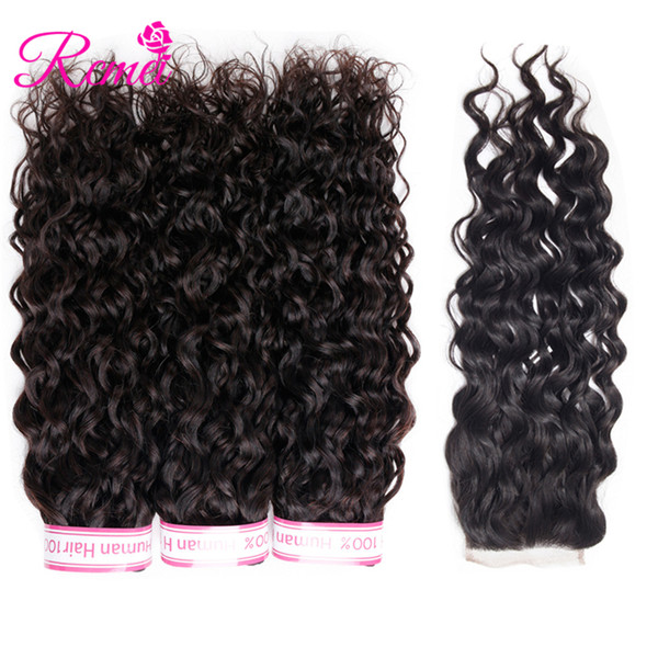 Rcmei Mongolian Hair Weave Bundles With Lace Closure Water Wave Natural Black Hair 3 Bundle with 4*4 Lace Closure 4pcs/lot