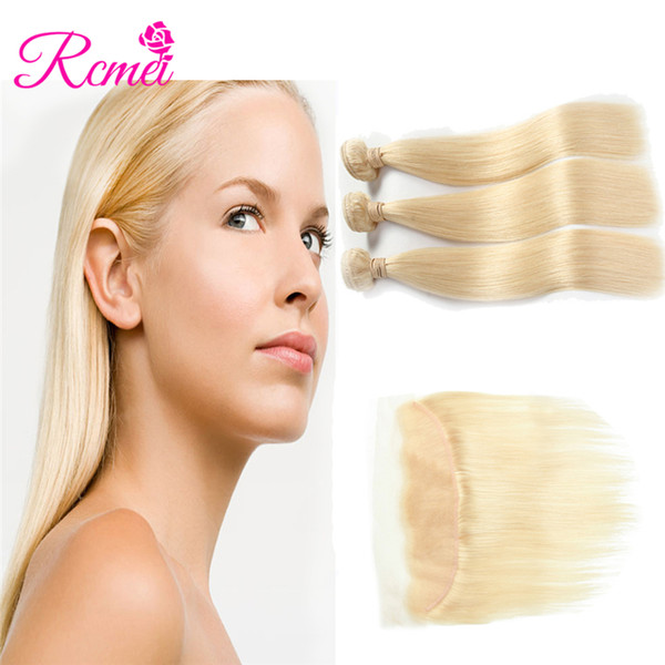 Rcmei Indian Straight Hair Bundles With Lace Frontal #613 Blonde Huamn Hair 3 Bundles With Ear To Ear Lace Frontal 4pcs/lot