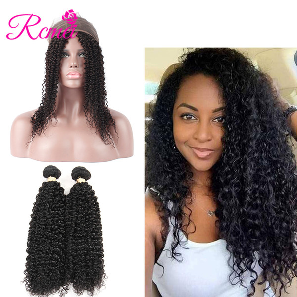 Rcmei Mongolian Kinky Curly Human Hair Extension Natural Black Bundles With 360 Frontal 2 Bundles Kinky Hair Weave With 22*4*2 Lace Frontal