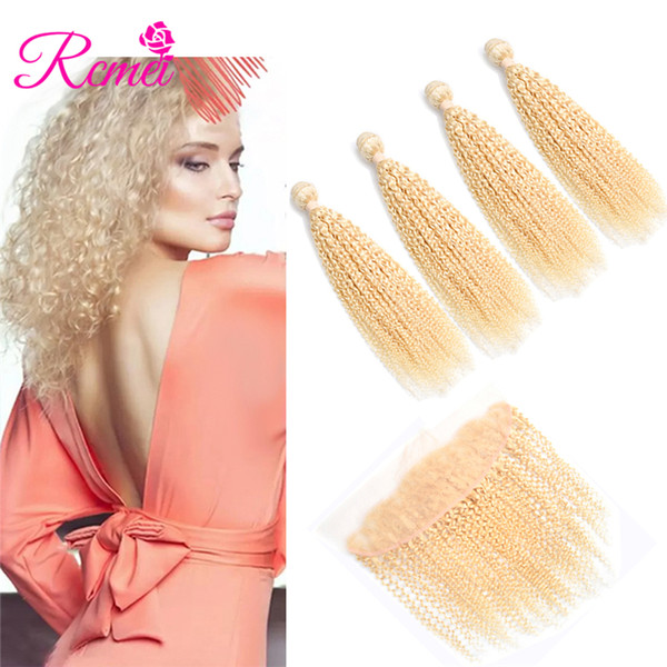 Rcmei 613 Bundles With Frontal 100% Mongolian Human Hair Blonde 613 Kinky Curly 4 Bundles With 13*4 Lace Frontal 5PCS/lot Free Shipping