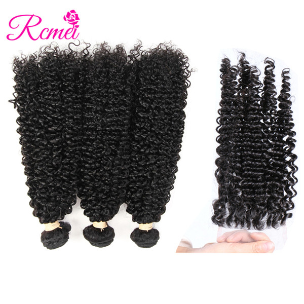 Rcmei Mongolian Kinky Curly Closure With Bundles 100% Human Hair 3 Bundles With 4*4 Lace Closure Natural Color Can Be Dye Remy Hair