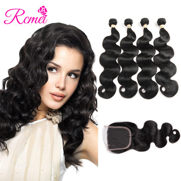 Rcmei Body Wave Malaysian Hair Weave Bundles With Lace Closure 4 Bundles Natural Color Remy Human Hair Weaving 8-28 inch 5pcs/lot