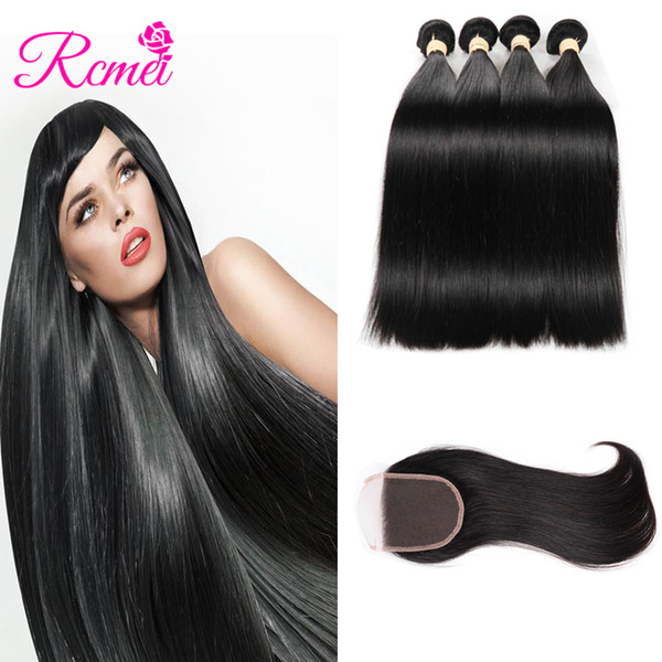 Rcmei Malaysian Straight Bundles With Closure 100% Remy Hair 4 Bundles With 4*4 Lace Closure Three/Middle/Three Part 