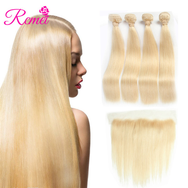 Rcmei Malaysian Straight Hair Bundles 4 Bundles With Lace Frontal 613 Blonde Strsight Hair Extensions With 13*4 Lace Frontal Pre-colored