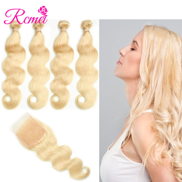 Rcmei 613 Blonde Color Peruvian Human Hair Body Wave Hair Weaving 10-30inch 4 Bundles With 4x4 Lace Closure 5pcs/lot Free Shipping