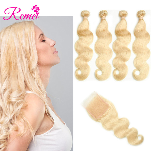 Rcmei Malaysian Body Wave Hair 613 Blonde Hair Extensions 4 Bundles With Closure 10-30inch Mixed Length 4 Bundles With 4*4 Lace Closure