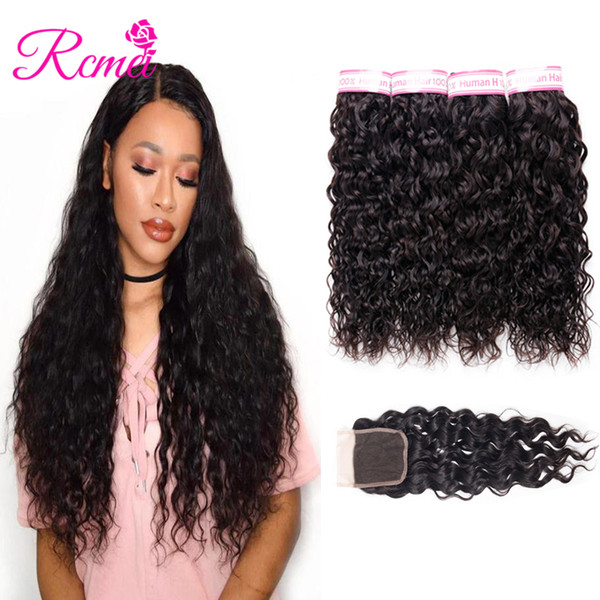 Rcmei Water Wave Bundles With Closure Malaysian Hair Weave 4 Bundles With Free Part 4*4 Lace Closure Natural Color Remy Human Hair Extension