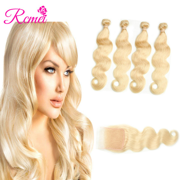 Rcmei Body Wave Hair Extensions 4 Bundles With 4*4 Lace Closure Pre-plucked 613 Blonde Pre-color Indian Human Hair 10-30inch 5pcs/lot