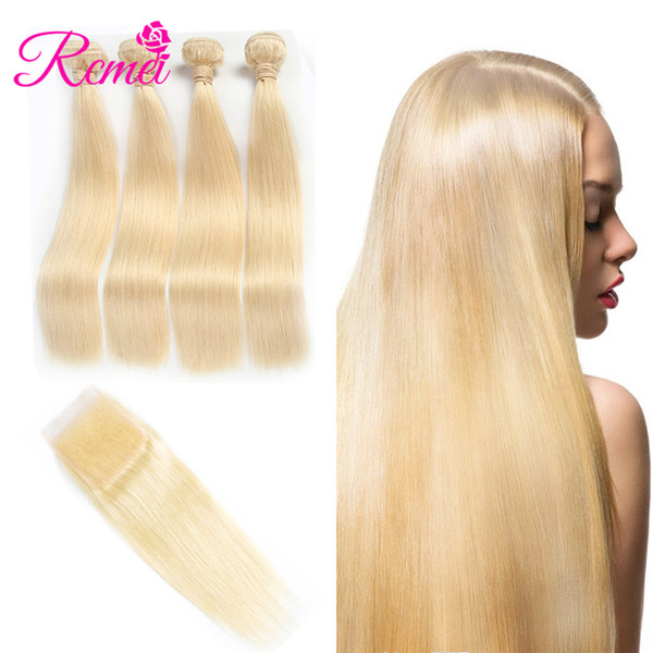 Rcmei 4 Bundles of 613 Blonde Peruvian Straight Hair With Closure 613 Color 10-30Inch Human Hair With 4x4 Closure Pre-plucked