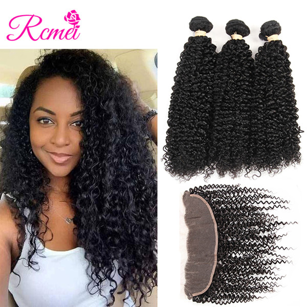 Rcmei Peruvian Human Hair Kinky Curly Frontal With 4 Bundles Kinky Curly Remy Human Hair 100% Unprocessed Bundles No Shedding 5pcs/lot