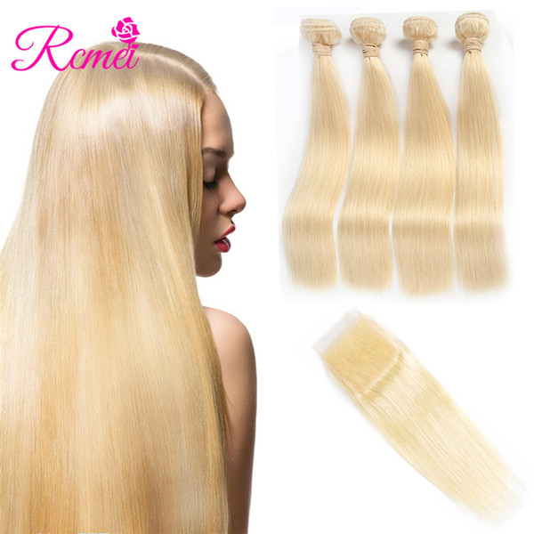 Rcmei 613 Blonde Straight Malaysina Human Hair 4 Bundles With 4*4 Lace Closure Pre-Plucked Blonde 613 Human Hair Weaving 10-30inch 5pcs/lot