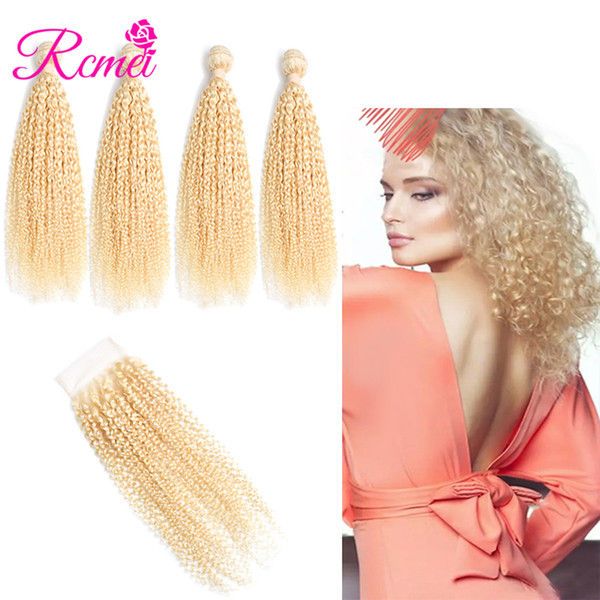 Rcmei Pre-Colore 613 Blonde Peruvian Kinky Curly Hair 100% Human Hair 10-30inch 4 Bundles With 4*4 Lace Closure Remy Hair 5 pcs/Lot