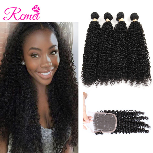 Rcmei Kinky Curly 4 Bundles with Closure Malaysian Hair Weave Human Hair Bundles with Closure Free /Middle/Three Part Lace 5 piece