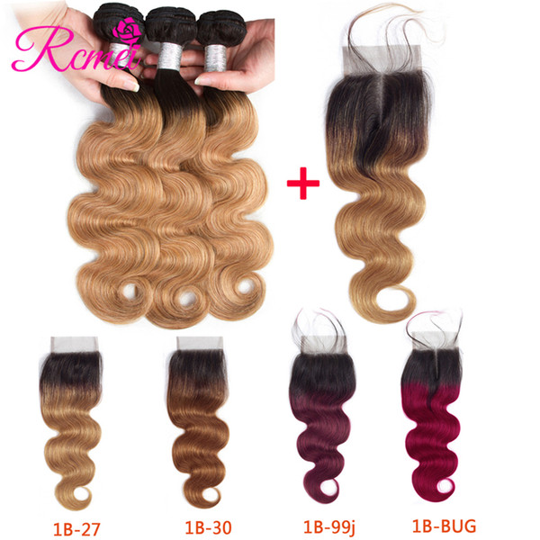 Rcmei Malaysian Body Wave Ombre Human Hair Weave 3 Bundles With4*4 Lace Closure 100% Remy Hair 1B-27/30/99j/burgundy 4pcs/lot