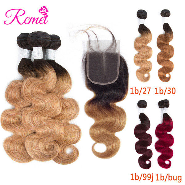 Rcmei Malaysian Body Wave Two Tone Ombre Human Hair Weave 1B-27/30/99j/burgundy 3 Bundles With Closure 100% Remy Hair 4pcs/lot