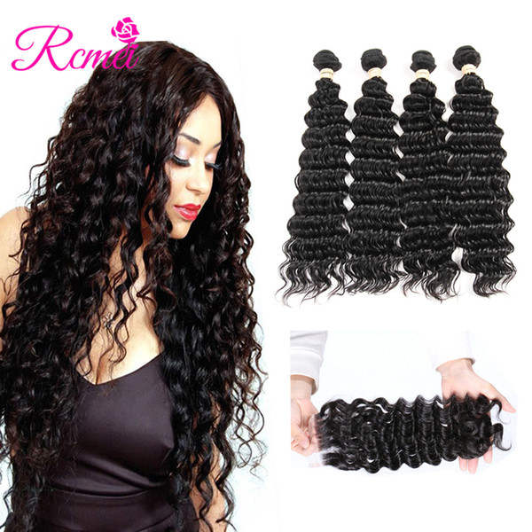 Rcmei Deep Wave Bundles With Closure Brazilian Human Hair Weave 4 Bundles With Closure Free/Middle/Three Lace Part Remy Hair Extension