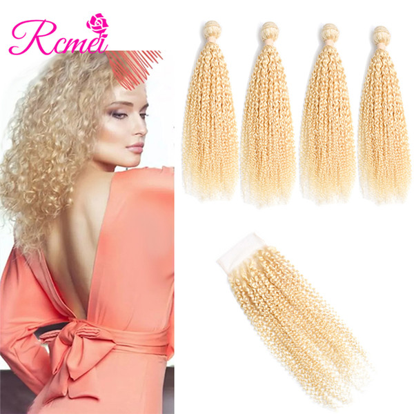 Rcmei Malaysian Kinky Curly Human Hair 613 Blonde Hair Weaving Extensions 10-30 Inch Mixed 4 Bundles With 4*4 Lace Closure Free Shipping