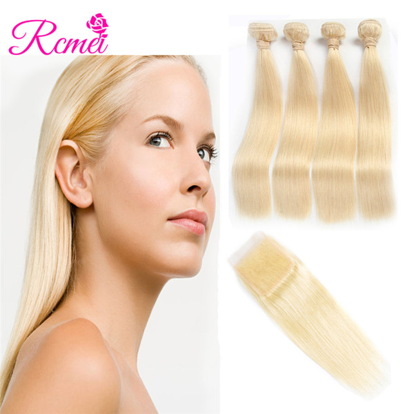 Rcmei 613 Blonde Indian Straight Hair With Closure 613 Color 10-30Inch Human Hair Wefts 4 Bundles With 4x4 Closure Pre-plucked Free Shipping