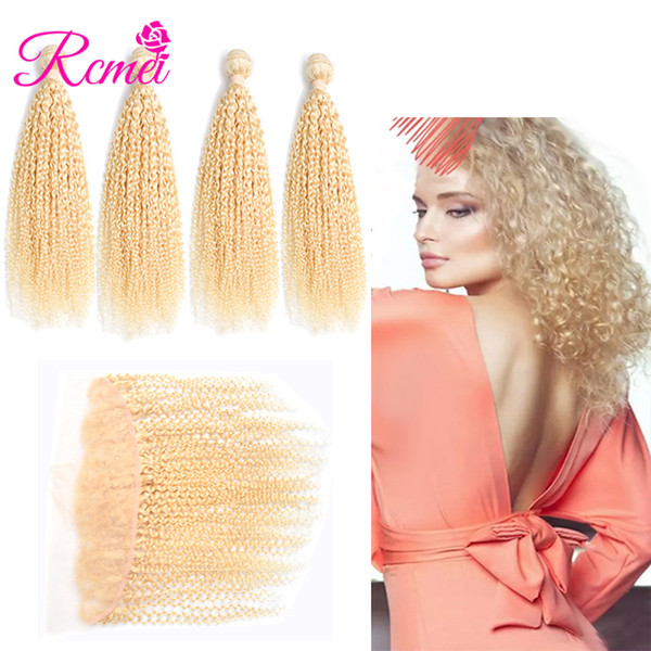 Rcmei Peruvian 613 Blonde Kinky Cruly Pre-colored Hair Lace Frontal With Bundles 4 Bundles With 13x4 Frontal Pre-Plucked Free Shipping