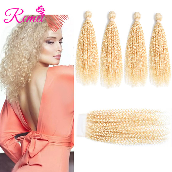 Rcmei Pre-Colore 613 Blonde Indian Kinky Curly Hair 100% Human Hair 10-30inch 4 Bundles With 4*4 Lace Closure Virgin Hair 5 pcs/Lot