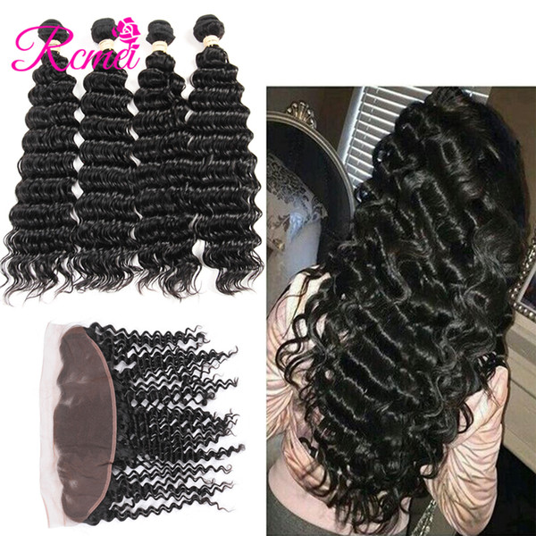 Rcmei Peruvian Deep Wave Bundles With Frontal Closure 13*4 Ear to Ear Lace Frontal 4 Bundles Unoprocessed 100% Human Hair Extensions