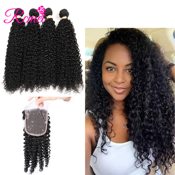 Rcmei Peruvian Hair Extensions With 4*4 Lace Closure Free/Middle/Three Part 100% Human Unprocessed Kinky Curly Hair 4 Bundles 8-28 Inch