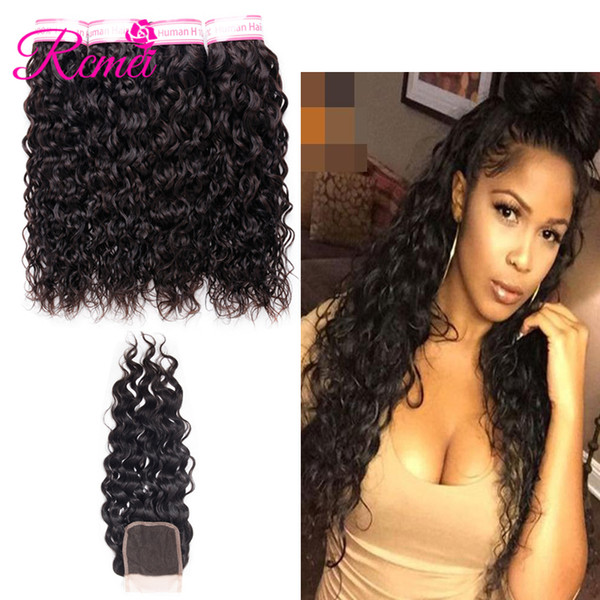 Rcmei Peruvian Water Wave Bundles With Free Part Closure 100% Human Hair Weave 4 Bundles With 4*4 Closure Natural Black Color 5PCS/Lot